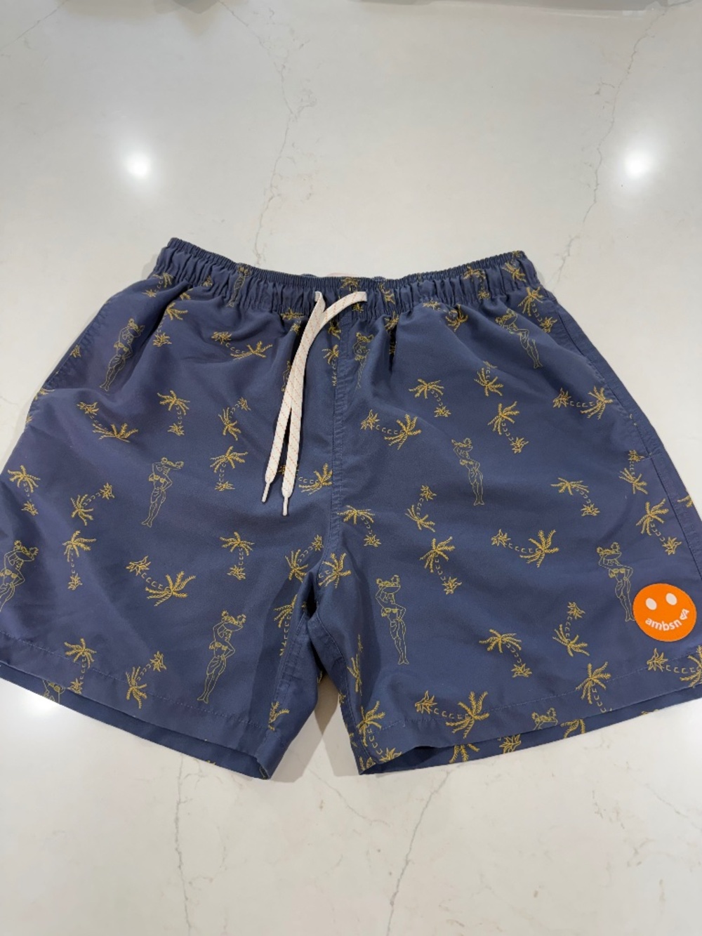 Ambsn California Navy Hula Girl Palm Tree Swim Trunks M